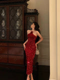 Sheath Halter Sleeveless Flower Sequin Date Night Dress Prom Dresses Birthday Outfits SD767