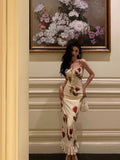 Sheath Spaghetti Straps White Satin Red Floral Long Prom Dresses Birthday Outfit SD774