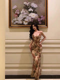 Mermaid Spaghetti Straps Floral Ruffles Long Prom Dresses Birthday Outfit SD781
