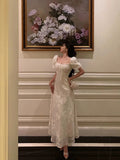 A line Square Neckline Short Sleeves Floral Lace Prom Dresses Birthday Outfit SD782