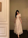 A line Square Neckline Short Sleeves Floral Lace Prom Dresses Birthday Outfit SD782