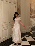 A line Square Neckline Short Sleeves Floral Lace Prom Dresses Birthday Outfit SD782