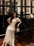 A line Square Neckline Short Sleeves Floral Lace Prom Dresses Birthday Outfit SD782