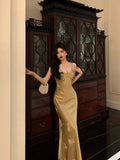 Mermaid Spaghetti Straps Floral Gold Long Prom Dresses Birthday Outfit SD783