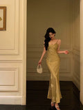 Mermaid Spaghetti Straps Floral Gold Long Prom Dresses Birthday Outfit SD783