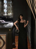 A line Spaghetti Straps Black Long Lace Prom Dresses Birthday Outfits Evening Gown SD789