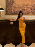 Sheath Spaghetti Straps Yellow Flower Prom Dresses Birthday Outfits Evening Gown SD791