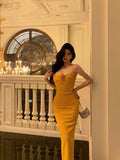 Sheath Spaghetti Straps Yellow Flower Prom Dresses Birthday Outfits Evening Gown SD791