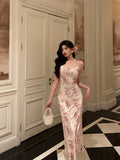 Sheath Spaghetti Straps Pink Floral Prom Dresses Birthday Outfits Evening Gown SD792
