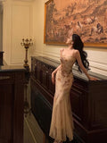 Mermaid Spaghetti Straps Champagne Floral Date Night Dress Prom Dresses Birthday Outfit SD801