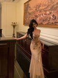 Mermaid Spaghetti Straps Champagne Floral Date Night Dress Prom Dresses Birthday Outfit SD801