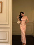 Sheath Spaghetti Straps Pink Floral Date Night Dress Prom Dresses Birthday Outfit SD802