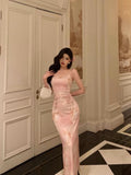 Sheath Spaghetti Straps Pink Floral Date Night Dress Prom Dresses Birthday Outfit SD802