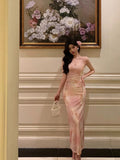 Sheath Spaghetti Straps Pink Floral Date Night Dress Prom Dresses Birthday Outfit SD802
