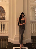 Sheath Spaghetti Straps Pleated Gray Prom Dresses Birthday Outfits Evening Gown SD805