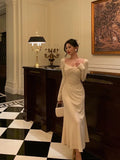 A Line Square Neckline Long Sleeves Ivory Prom Dresses Birthday Outfits Evening Gown SD806