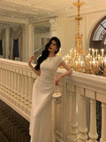 A Line Scoop Pleated White Prom Dresses Birthday Outfits Evening Gown SD807