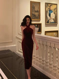 Sheath Halter Burgundy Date Night Dress Velvet Prom Dresses Party Dress Birthday Outfits SD814