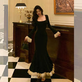 Mermaid Square Neckline Black Prom Dresses Birthday Outfits Evening Gown SD816
