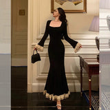 Mermaid Square Neckline Black Prom Dresses Birthday Outfits Evening Gown SD816