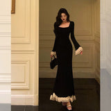 Mermaid Square Neckline Black Prom Dresses Birthday Outfits Evening Gown SD816
