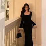 Mermaid Square Neckline Black Prom Dresses Birthday Outfits Evening Gown SD816