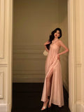 A Line Halter Neckline Long Date Night Dress Pink Prom Dresses Birthday Outfit SD817