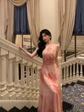A line Halter Sleeveless Pink Floral Date Night Dress Prom Dresses Birthday Party Outfit SD854