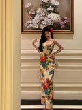 Sheath Spaghetti Straps Satin Floral Prom Dresses Birthday Outfits Evening Gown SD862