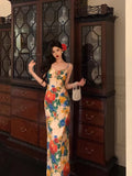 Sheath Spaghetti Straps Satin Floral Prom Dresses Birthday Outfits Evening Gown SD862