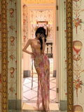 A Line Spaghetti Straps Pink Chiffon Floral Prom Dresses Birthday Outfits Evening Gown SD867