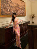 A Line Spaghetti Straps Pink Chiffon Floral Prom Dresses Birthday Outfits Evening Gown SD867