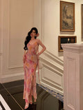 A Line Spaghetti Straps Pink Chiffon Floral Prom Dresses Birthday Outfits Evening Gown SD867