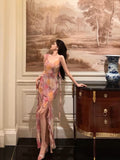 A Line Spaghetti Straps Pink Chiffon Floral Prom Dresses Birthday Outfits Evening Gown SD867