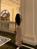 Sheath Straps Satin Champagne Prom Dresses Birthday Outfits Evening Gown SD869