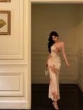 Sheath Spaghetti Straps Pink Floral Prom Dresses Birthday Outfits Evening Gown SD870