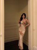 Sheath Spaghetti Straps Pink Floral Prom Dresses Birthday Outfits Evening Gown SD870