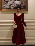 A line Square Neckline Long Sleeves Red Velvet Date Night Dress Prom Dresses Birthday Party Outfit SD872 HZ0628