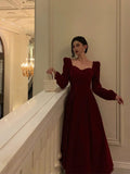 A line Square Neckline Long Sleeves Red Velvet Date Night Dress Prom Dresses Birthday Party Outfit SD872 HZ0628