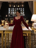 A line Square Neckline Long Sleeves Red Velvet Date Night Dress Prom Dresses Birthday Party Outfit SD872 HZ0628