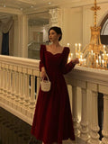 A line Square Neckline Long Sleeves Red Velvet Date Night Dress Prom Dresses Birthday Party Outfit SD872 HZ0628