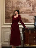 A line Square Neckline Long Sleeves Red Velvet Date Night Dress Prom Dresses Birthday Party Outfit SD872 HZ0628