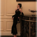 Mermaid High Neckline Black Velvet Prom Dresses Birthday Outfits Evening Gown SD873