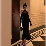 Mermaid High Neckline Black Velvet Prom Dresses Birthday Outfits Evening Gown SD873