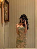 Sheath Spaghetti Straps Green Floral Lace Prom Dresses Birthday Outfits Evening Gown SD875