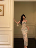 Sheath Spaghetti Straps Green Floral Lace Prom Dresses Birthday Outfits Evening Gown SD875