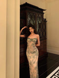 Sheath Spaghetti Straps Green Floral Lace Prom Dresses Birthday Outfits Evening Gown SD875