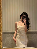 Mermaid Spaghetti Straps White Floral Satin Prom Dresses Birthday Outfits Evening Gown SD876