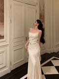 Mermaid Spaghetti Straps White Floral Satin Prom Dresses Birthday Outfits Evening Gown SD876