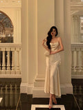 Mermaid Spaghetti Straps White Floral Satin Prom Dresses Birthday Outfits Evening Gown SD876